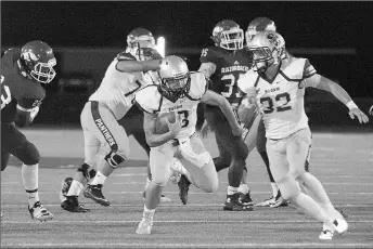  ?? Joshua Boucher/Texarkana Gazette ?? Siloam Springs senior quarterbac­k Luke Lampton makes his way down field during Friday’s game at Texarkana. Lampton rushed for all four of Siloam Springs’ touchdowns in the Panthers’ 51-28 loss to the Razorbacks.