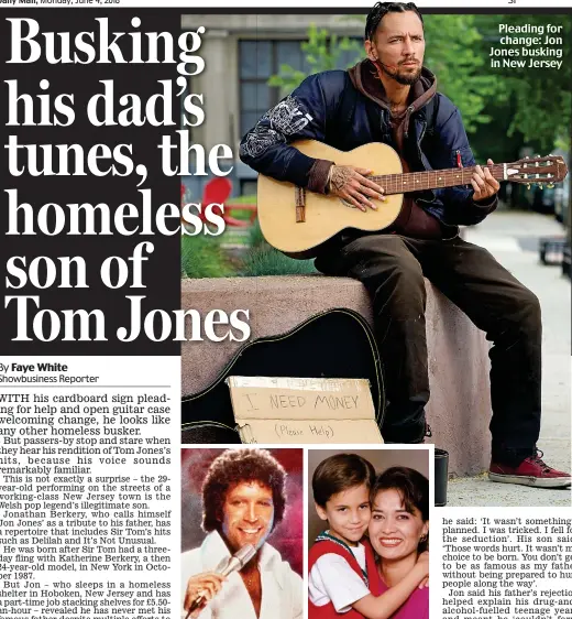  ??  ?? Missing out: A younger Sir Tom Jones, and his son Jon as a child with mother Katherine Berkery Pleading for change: Jon Jones busking in New Jersey