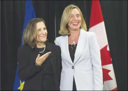  ?? Cp pHoto ?? Foreign Affairs Minister Chrystia Freeland gestures to Federica Mogherini, High Representa­tive of the European Union for Foreign Affairs and Security Policy and Vice-President of the European Commission, before a meeting at the United Nations...