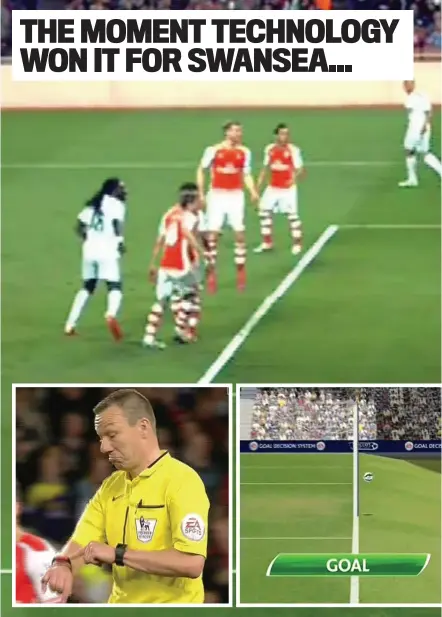  ??  ?? THE MOMENT TECHNOLOGY WON IT FOR SWANSEA...
Getting technical: Bafetimbi Gomis heads in despite David Ospina’s attempt to save, referee Kevin Friend (left)
LUKASZ FABIANSKI played a crucial part in Swansea’s victory last
night — the former Arsenal...