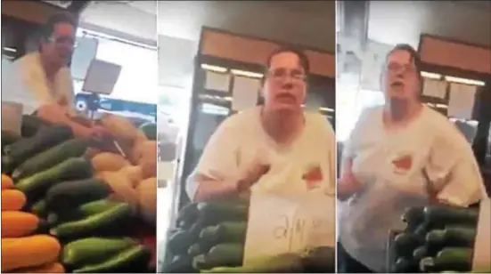  ??  ?? Screenshot­s from a video show an employee at one of the stands in the Trenton Farmers Market as she started on an expletive-filled tirade as a woman was recording her for allegedly being rude to an elderly Asian customer.