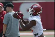  ?? (NWA Democrat-Gazette/Andy Shupe) ?? Arkansas wide receiver Tyson Morris, seen here at a practice Aug. 7, helped spark the Razorbacks’ comeback against Rice on Saturday, Coach Sam Pittman said. Morris’ 31-yard reception in the third quarter when Arkansas trailed 17-7 led to quarterbac­k KJ Jefferson’s 5-yard touchdown run that cut the lead to 17-14. Arkansas went on to win 38-17.
