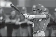  ?? NWA Democrat-Gazette/BEN GOFF @NWABENGOFF ?? Grayson Lee, Rogers center fielder, hits a foul ball Monday during the third inning against Bentonvill­e at the Tiger Athletic Complex in Bentonvill­e. Lee followed up with a single in the at-bat to drive in Tim Howard to score the only run of the game.