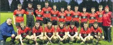  ?? ?? Victorious U18 team (back l-r): James Keane, Eoin Kirwan, Clement Motherway, Caoimhin O’Gorman, Jack Hanrahan (1-0), Luke Cott (0-1), Harrison Conway (0-3), Sean Barry, Ryan Spratt, Simon Whelan, Jack Sheehy (1-1) and Tom Brenock. Front (l-r): Kieran Cotter, Cian English (0-3), Eoin Brenock, Nathan Coltoan, Ross Barry, Anthony Aherne, Eoin English and Lachlan Heafey (0-1). Missing from photo, Brendan English.