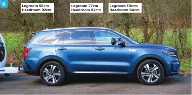  ??  ?? Legroom 56cm Headroom 92cm
Legroom 77cm Headroom 92cm
Legroom 110cm Headroom 94cm
G The driver enjoys the lofty driving position you’d expect of a big SUV, and the seat adjusts electrical­ly every which way H Lots of space in the middle of the car, with enough legroom for passengers over 6ft tall to sit comfortabl­y