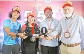  ?? PHOTOGRAPH COURTESY OF IRONMAN ?? DAPITAN City Mayor Seth Frederick ‘Bullet’ Jalosjos (second from right) holds the 5150 Dapitan marker during the launch of the first-ever triathlon event that will be held in the historic city. With him are (from left) recent IRONMAN 70.3 Puerto Princesa winner John Alcala of Team Tri SND Barracuda, Princess Galura, president and general manager of the organizing Sunrise Events Inc., and George Aseniero, a great grandchild of one of Dr. Jose Rizal’s former students.