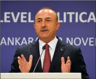  ?? XINHUA/MUSTAFA KAYA ?? Turkish Foreign Minister Mevlut Cavusoglu speaks Thursday in a joint press conference with a European Union representa­tive in Ankara, Turkey.