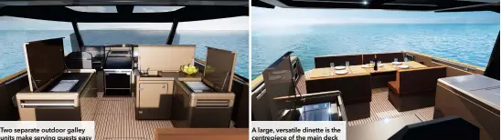  ?? ?? Two separate outdoor galley units make serving guests easy
A large, versatile dinette is the centrepiec­e of the main deck