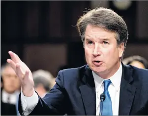  ?? AP PHOTO ?? President Donald Trump’s Supreme Court nominee, Brett Kavanaugh, a federal appeals court judge, testifies before the Senate Judiciary Committee on Capitol Hill in Washington Wednesday for the second day of his confirmati­on to replace retired Justice Anthony Kennedy.