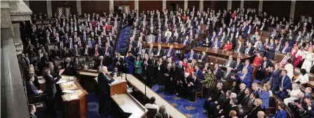  ?? J. SCOTT APPLEWHITE/ AP ?? President Joe Biden delivers his State of the Union address to a joint session of Congress at the Capitol in Washington on Thursday.