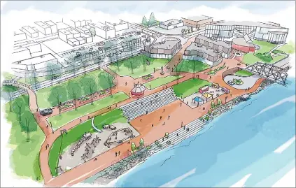  ?? SUPPLIED IMAGE ?? An artist’s conception of a “Waterfront District” shows potential major changes to River Road and other public property as part of a downtown rejuvenati­on plan outlined in Tuesday’s State of the City address.