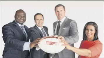  ?? Joe faraoni / espn images ?? this season’s “monday night football” broadcast team includes, from left, Booger mcfarland, Schenectad­y’s Joe tessitore, Jason Witten and Lisa Salters.