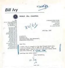  ??  ?? IVY RACE APPLICATIO­N Ivy’s letter sent from his apartment near Heathrow airport to the Sachsenrin­g GP organisers at the end of May, requesting a 350cc start. It looks like the organisers have scribbled 2500 West German marks, which is about £4300 in today’s money.