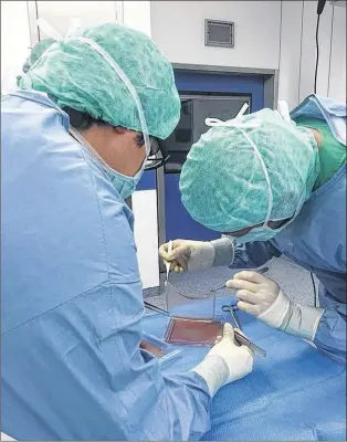  ?? FRANK JACOBSEN/RUHR UNIVERSITY BOCHUM VIA AP ?? Technician­s at Ruhr University hospital lift up a sheet of human skin cells created at the Center for Regenerati­ve Medicine at the University of Modena in Italy.