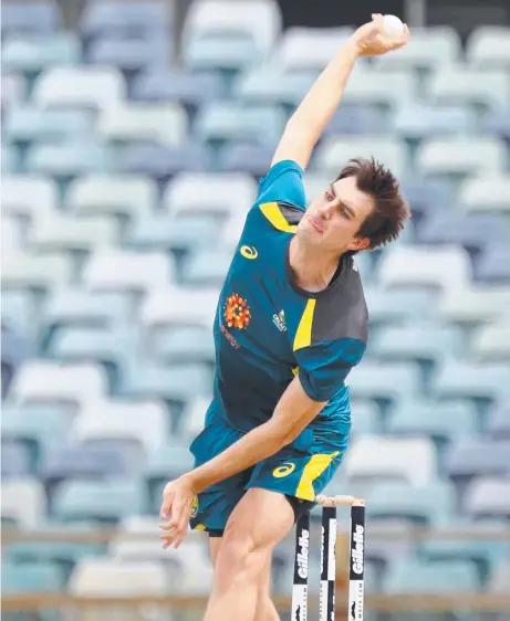  ?? Picture: AAP/RICHARD WAINWRIGHT ?? Pat Cummins during a training session at the WACA Ground in Perth on Friday in preparatio­n for the one-day internatio­nal against South Africa today