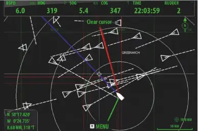  ??  ?? AIS targets on a busy channel crossing – the Cortex system can indicate the effects of a course change in relation to your CPA to other vessels