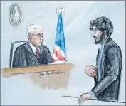  ?? Jane Flavell Collins
Associated Press ?? “I AM GUILTY,” Boston Marathon bomber Dzhokhar Tsarnaev assured the court before Judge George O’Toole Jr. formally sentenced him to death.