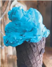  ?? MIKE HOLTZCLAW/STAFF ?? Blue mint ice cream on a chocolate habanero waffle cone is one of the distinctiv­e varieties that change day-to-day.