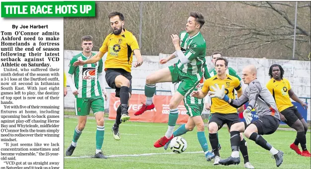  ?? Picture: Andy Jones FM31020650 ?? Kennington forward Sam Conlon gets in an effort on goal against Rusthall during Saturday’s Southern Counties East Division 1 top-of-the-table clash at Homelands. Report, page 42