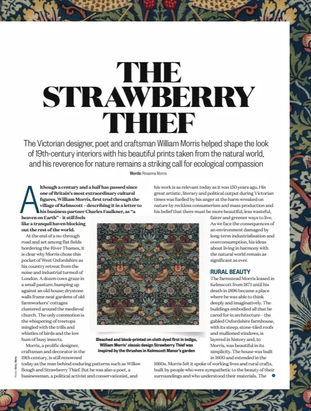  ?? ?? Bleached and block-printed on cloth dyed first in indigo, William Morris’ classic design Strawberry Thief was inspired by the thrushes in Kelmscott Manor’s garden