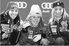  ??  ?? Wendy Holdener of Switzerlan­d, Mikaela Shiffrin of the USA and Frida Hansdotter of Sweden poses with their medals. — Reuters photo