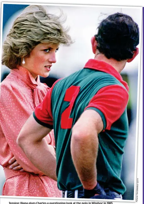  ??  ?? Tension: Diana gives Charles a questionin­g look at the polo in inWindsorW­indsor in 1985