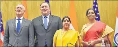  ?? SONU MEHTA/HT ?? (LR) US defense secretary Jim Mattis, secretary of state Mike Pompeo, Union external affairs minister Sushma Swaraj and defence minister Nirmala Sitharaman after the meeting in New Delhi on Thursday.