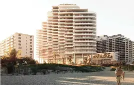  ?? 5333 Collins Acquisitio­ns LLC ?? A rendering shows a beachfront view of a proposed luxury condo tower that would be designed by OMA and would replace the La Costa condo tower.