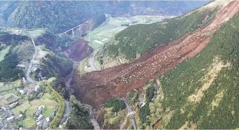  ??  ?? An aerial view of a landslide in Mimami-Aso, Kumamoto prefecture. — AFP photo