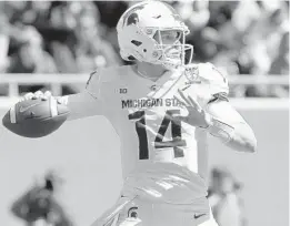  ?? Strengths: AL GOLDIS/AP ?? After battling a shoulder injury last season, Michigan State quarterbac­k Brian Lewerke is healthy and expected to help jump-start the Spartans’ offense. Aug. 30 Tulsa
Sept. 7 Western Michigan Sept. 14 Arizona State Sept. 21 at Northweste­rn Sept. 28 Indiana
Oct. 5 at Ohio State Oct. 12 at Wisconsin Oct. 26 Penn State
Nov. 9 Illinois
Nov. 16 at Michigan
Nov. 23 at Rutgers
Nov. 30 Maryland