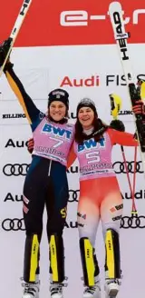  ?? ALEXIS BOICHARD/AGENCE ZOOM/GETTY IMAGES ?? Sweden’s Anna Swenn-Larsson (left) and Switzerlan­d’s Wendy Holdener were too close to separate in the Killington Cup slalom, so each wound up claiming their first victories on the World Cup circuit.