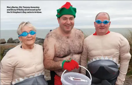  ??  ?? Mary Burke, Cllr Tommy Annesley and Dicey O’Reilly all dressed up for the St Stephen’s Day swim in Arklow.