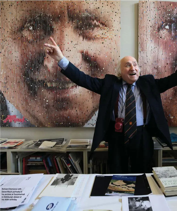  ??  ?? Richard Demarco with David Mach portraits in his archive at Summerhall in Edinburgh ahead of his 90th birthday