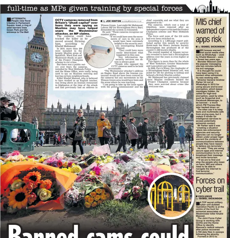  ??  ?? AFTERMATH: People view floral tributes in Parliament Square. Inset, a ring of steel barriers lines Green Park and the entrance to The Mall