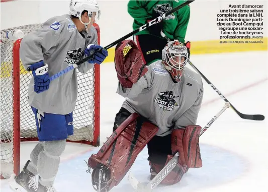  ??  ?? Avant d’amorcer une troisième saison complète dans la LNH, Louis Domingue participe au Boot Camp qui regroupe une soixantain­e de hockeyeurs profession­nels. PHOTO JEAN-FRANÇOIS DESGAGNÉS