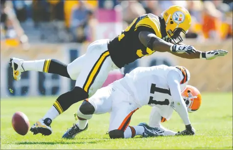 ?? — AP ?? Former Steelers linebacker James Harrison was fined for this 2010 hit on Browns receiver Mohamed Massaquoi.