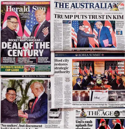  ?? Picture: AFP ?? DOWN UNDER. How Australian morning newspapers covered the summit on their front pages yesterday.