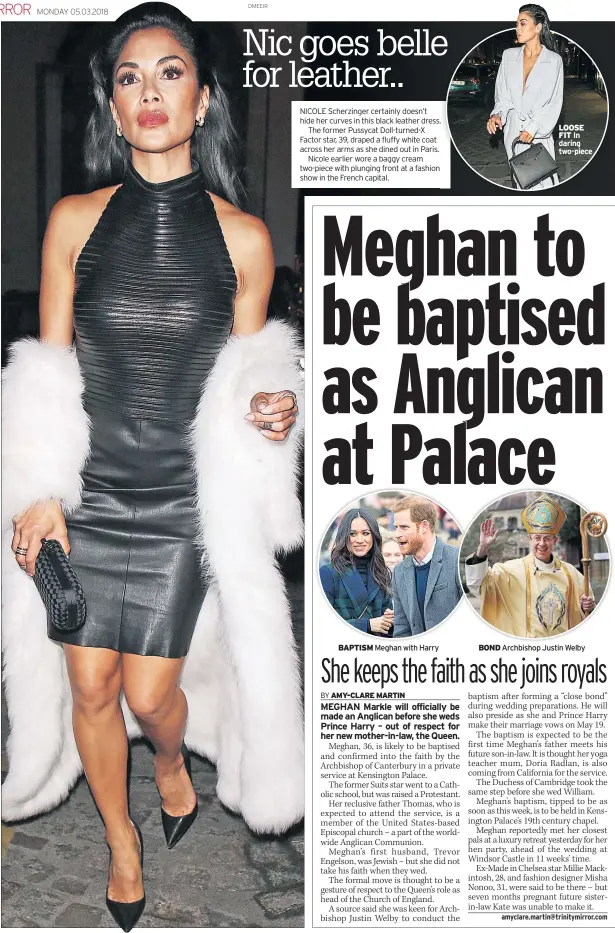  ??  ?? BAPTISM Meghan with Harry LOOSE FIT In daring two-piece BOND Archbishop Justin Welby