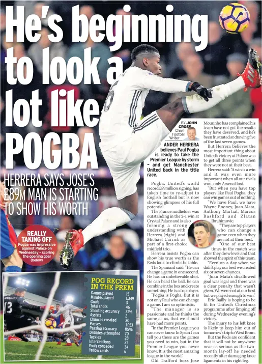  ??  ?? REALLY TAKING OFF Pogba was impressive against Palace on Wednesday – scoring the opening goal (below)