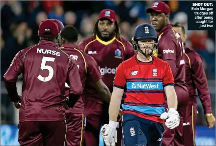  ??  ?? SHOT OUT: Eoin Morgan trudges off after being caught for just two