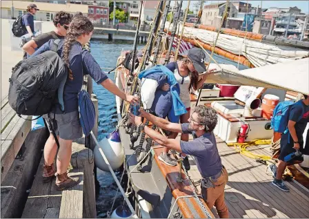  ?? SEAN D. ELLIOT/THE DAY ?? Students from New London and New Haven area high schools board the schooner Amistad on Wednesday as part of a two-week program sailing Long Island Sound and visiting colleges at stops along the way. The group visited the U.S. Coast Guard Academy on...