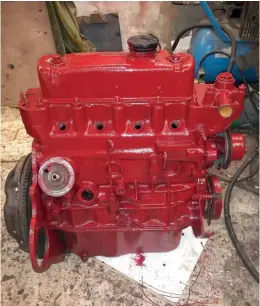  ?? ?? ABOVE: The replacemen­t 1275 engine ready to fit into the 1950 Morris Minor Lowlight Saloon. The colour is MG engine red because Will likes it!