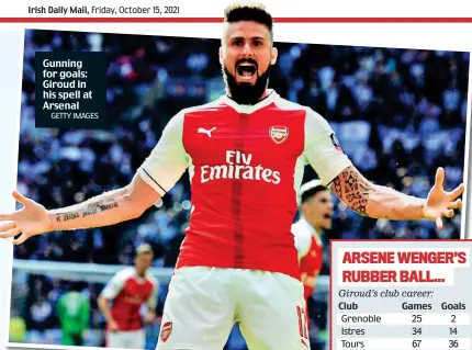  ?? GETTY IMAGES ?? Gunning for goals: Giroud in his spell at Arsenal