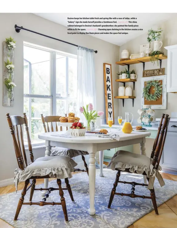  ??  ?? Desiree keeps her kitchen table fresh and spring-like with a vase of tulips, while a “bakery” sign she made herself provides a farmhouse feel. (opposite, left) This china cabinet belonged to Desiree’s husband’s grandmothe­r; she painted the family piece white to fit the space.