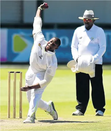  ?? Picture: EUGENE COETZEE ?? TEARING IN: Warriors paceman Sisanda Magala sends down a delivery to a Knights batsman at St George’s Park on Thursday