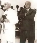  ??  ?? The inspiratio­n and the muse : Jawaharlal Nehru and Kurt Tank watch the HF-24 in                                                                                                                                                                             