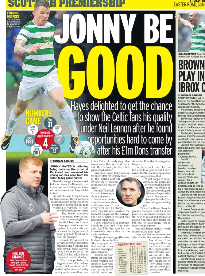  ??  ?? FINDING HIS FEET Jonny Hayes has come on to a game for Celtic of late HIS BIG CHANCE Neil Lennon has brought Jonny Hayes into the fold since taking the job SMILES BETTER Scott Brown celebrates victory over Rangers at Celtic Park last month