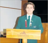  ??  ?? Joel Dean Charlton, head boy at To¯ tara College, presenting his winning speech on what Armistice Day means to him in Dannevirke. Joel is one of four nominated for this year's Wackrow Memorial Youth Award.