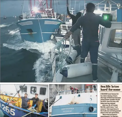  ?? PICTURES: AP PHOTO. ?? TENSIONS FLARE: Top, fishermen from rival French and British fleets clash over access to the scallop-rich waters; above, from left, Callum Clark and Nathan Clark at Brixham Harbour in Devon, who were attacked; Honeybourn­e III, a Scottish scallop dredger which was attacked.