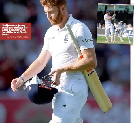  ?? PICTURES: Getty Images ?? Sad journey: Jonny Bairstow trudges off after being bowled for 48 by Yasir Shah, inset
